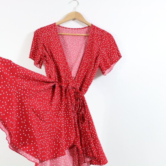 *SHEIN Holidaya Polka Dot Knot Side Wrap A-line Red Dress - Picture 8 of 9